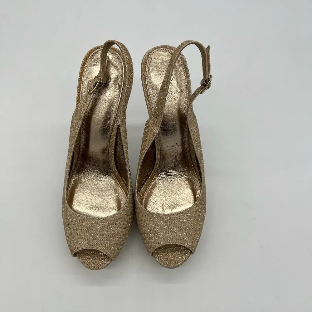 Adrianna Papell Gold Glitter Slingback Platform Heels – Peep Toe High Heel Pumps
